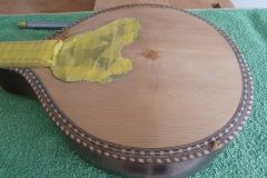 Mandoline restaurieren, Lack von Decke entfernt, Macken gefüllt